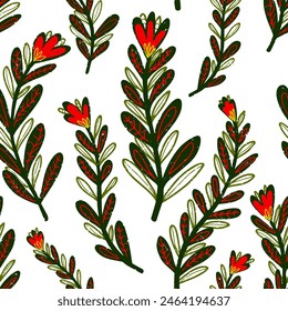 Texture plants, herbs, twigs with leaves. Folk art. Plant organic pattern. Cartoon style. Hand drawn elements. Vector seamless overlapping pattern.