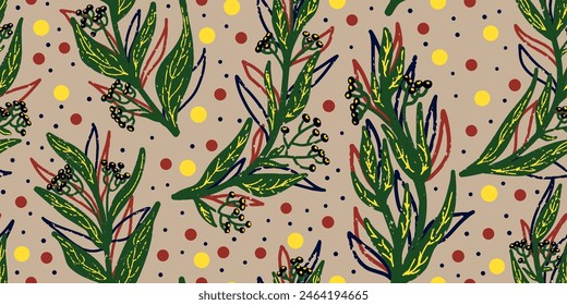 Texture plants, herbs, twigs with leaves. Plant organic pattern. Cartoon style. Hand drawn elements. Vector seamless overlapping pattern.