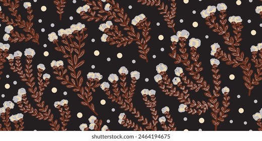 Texture plants, herbs, twigs with leaves. Plant organic pattern. Cartoon style. Hand drawn elements. Vector seamless overlapping pattern.