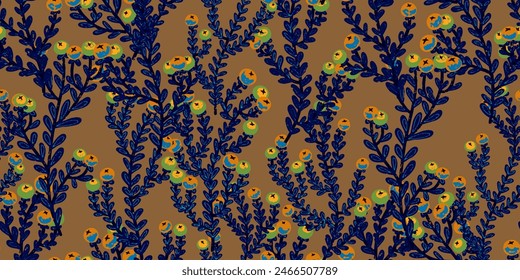 Textura de plantas, hierbas, ramas con hojas. Patrón orgánico de la planta. Estilo de dibujos animados. Elementos dibujados a mano. Vector patrón de solapamiento sin costuras.