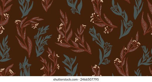 Texture plants, herbs, twigs with leaves. Plant organic pattern. Cartoon style. Hand drawn elements. Vector seamless overlapping pattern.