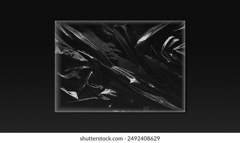 Texture of plastic vinyl crinkled film. Vector illustration of a transparent, wrinkled overlay for album covers or packaging design on a black isolated background.