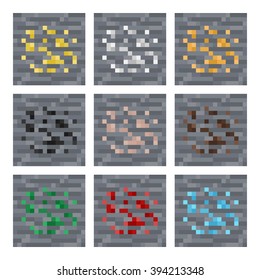 Texture for platformers pixel art vector, stone ore mineral blocks, silver gold coal gem iron