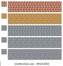 Texture for platformers - pixel art vector - brick, stone, sand and wood walls with different patterns. Game environment design.