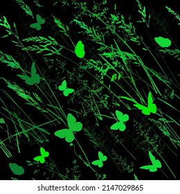 Textura, diseño de impresión para tela, fondo. patrón sin soldadura de césped. Patrón natural verde con mariposas. En un fondo negro. Ilustración del vector