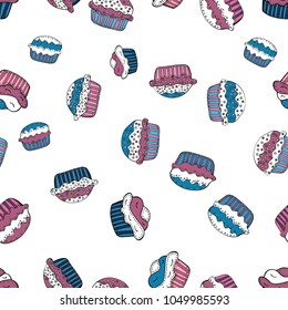 Texture for prints, decorations, fabric. Colorful cream dessert backdrop on white, pink and blue. Muffin sweet texture background. Vector. Cupcake seamless pattern.