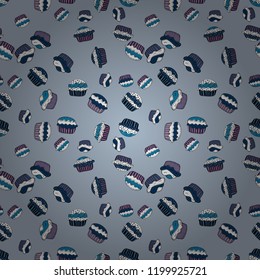Texture for prints, decorations, fabric. Cupcake seamless pattern. Vector. Muffin sweet texture background. Colorful cream dessert backdrop on blue, white and black.