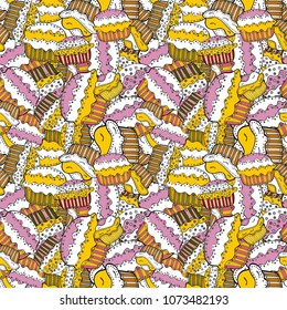 Texture for prints, decorations, fabric. Muffin sweet texture background. Colorful cream dessert backdrop. Cupcake seamless pattern. Vector.