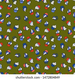 Texture for prints, decorations, fabric. Vector. Cupcake seamless pattern. Muffin sweet texture background. Colorful cream dessert backdrop on blue, white and green.