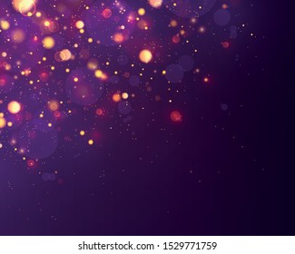 Texture purple background. Glitter and elegant for Christmas.Sparkling magical gold yellow dust particles. Magic concept. Abstract background with bokeh effect. Vector