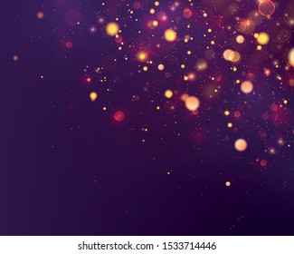 Texture purple background. Glitter and elegant for Christmas.Sparkling magical gold yellow dust particles. Magic concept. Abstract background with bokeh effect. Vector