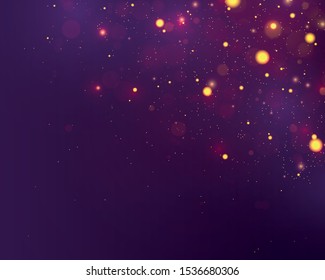 Texture purple background. Glitter and elegant for Christmas.Sparkling magical gold yellow dust particles. Magic concept. Abstract background with bokeh effect. Vector