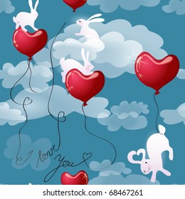Texture Rabbits with Valentine hearts in the sky