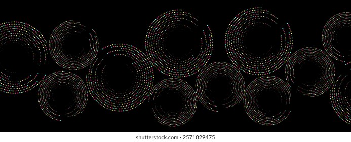 Texture of random particles. Colored abstract black background of dots.  Chaotic ornament, mosaic, circular pattern of small dots. Design banners, posters, websites, social media frameworks. Vector