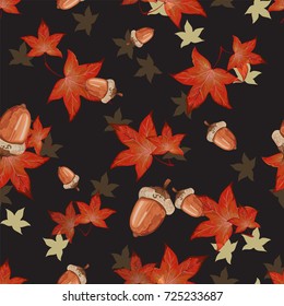 Texture with red and brown tree leaves and acorns on dark blue background. Vector season wallpaper