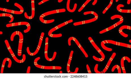 Texture of red Candy canes on a black background. Festive vector background with sweets.