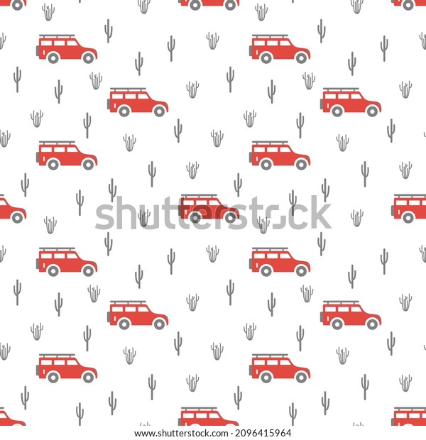 Texture with red cars SUVs for baby fabric. Cute\
seamless pattern with off road automobiles. Fun desert road\
adventure with cactus for boys. Kids wallpaper design. Vector\
travel illustration for\
print