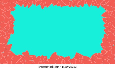 Texture red frame pattern of cheerful kind light pink bright bright beautiful variegated festive love hearts on a blue background and copy mesa. The background. Vector illustration.