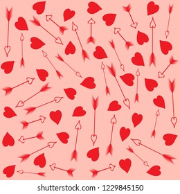 Texture of red hearts and red arrows on a pink background.