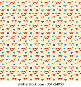 texture of red lips and blue hearts on a light background