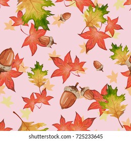 Texture with red, yellow and green tree leaves and acorns on pink background. Vector season wallpaper
