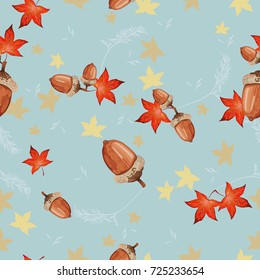 Texture with red, yellow and orange tree leaves, acorns and white ornaments on light blue background. Vector season wallpaper