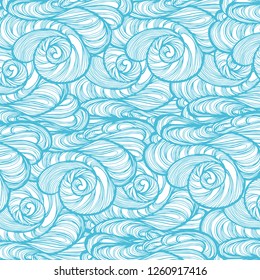 Texture reminiscent of waves or thick clouds, shells, curls. Pattern, background for design. Vector illustration, the image of the element of water and air.