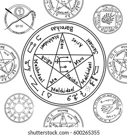 Texture with a repetitive pentacle pattern. Occult background. The magic sign.