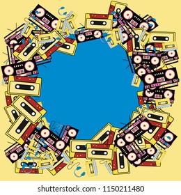 The texture of the retro frame of an old hipster from electronics music technology from audio players to players with headphones and audio cassettes from the 60s 70s 80s 90s. The background.