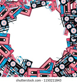 The texture of the retro frame of an old hipster from electronics music technology from audio players to players with headphones and audio cassettes from the 60s 70s 80s 90s. The background.