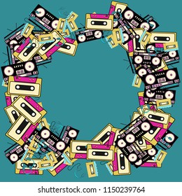 The texture of the retro frame of an old hipster from electronics music technology from audio players to players with headphones and audio cassettes from the 60s 70s 80s 90s. The background.
