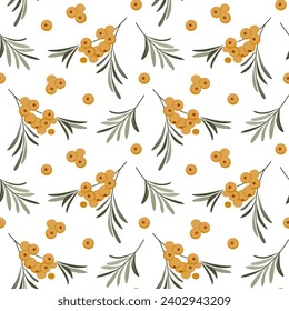 Texture with ripe tellow berries and leaves. Vector seamless pattern with sea buckthorn branches. Healthy vitanin food.