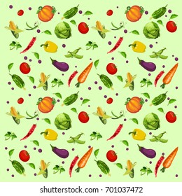 Texture of ripe vegetables and herbs isolated on green background. Sketch for card, seamless texture for wrapping paper on theme of harvest agricultures. Cartoon vector close-up illustration.