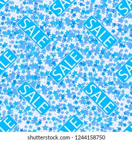 Texture sales. Seamless texture with the words sale and on the background a lot of stars. Vector illustration.