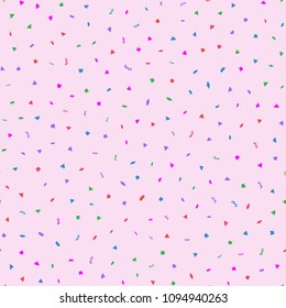 Texture of scattered colored confetti. Festive seamless pattern. Endless colorful print. Vector illustration. Purple, green, blue, red.