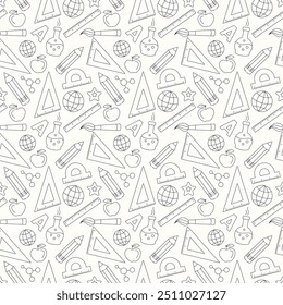 Texture with school elements. Seamless pattern with globe, ruler, protractor, flask, letter A, pencil, apple, pen, atomic structure, brush on a light beige background. Doodle style, black thin lines. 