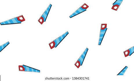 Texture, seamless abstract pattern of building sharp metallic blue and red hand saws with teeth for repair, cutting tool on white background. Vector illustration.