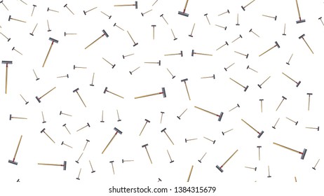 Texture, seamless abstract pattern of building garden metal wooden rake with barbs for repair, tool for cleaning grass and foliage on a white background. Vector illustration.