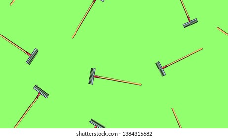 Texture, seamless abstract pattern of building garden metal wooden rake with barbs for repair, grass and foliage harvesting tool on green grass background. Vector illustration.