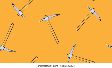 Texture, seamless abstract pattern from construction miner's pickaxe with a wooden handle for repair, mining, excavation on a yellow, orange background. Vector illustration.