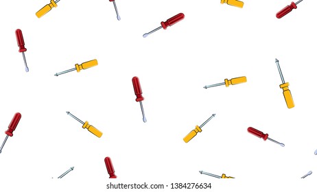 Texture, seamless abstract pattern of metal construction plastic yellow and red screwdrivers for repair, tool on white background. Vector illustration.