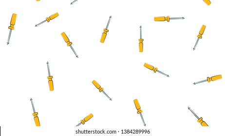 Texture, seamless abstract pattern of metal construction plastic yellow screwdrivers for repair, tool on white background. Vector illustration.