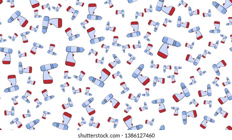 Texture, seamless abstract pattern of metal building professional electric screwdrivers for repair on a white background. Vector illustration.