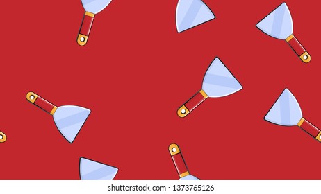 Texture, seamless abstract pattern of red metal spatulas, trowels, plaster repair, construction tools on a red background. Vector.