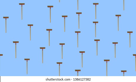 Texture, seamless abstract pattern of wooden construction mops, brushes with a wooden handle for repair, cleaning on a blue background. Vector illustration.