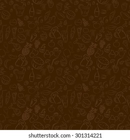 Texture seamless. Doodles cocktails and desserts, fruits, coffee, alcohol, bar, drink. Texture for bars, cafe or restaurant in sketch. Vector ice cream, juice, tea and beer. Light brown and dark brown 