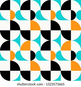 
Texture seamless geometric pattern. Scandinavian. Hemispheres and triangles on a white background. The color is orange, black, turquoise. Abstraction print, vector