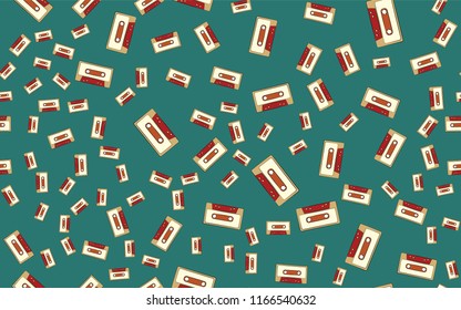 Texture seamless patten of old vintage retro hipster antique multicolored musical film audio cassettes from the 70's, 80's, 90's. The background. Vector illustration.