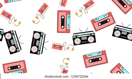 Texture, seamless pattern from audiowder with headphones, old vintage retro hipster film audio cassette and music cassette tape recorder. Poster. Vector illustration.