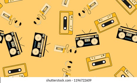 Texture, seamless pattern from audiowder with headphones, old vintage retro hipster film audio cassette and music cassette tape recorder. Poster. Vector illustration.